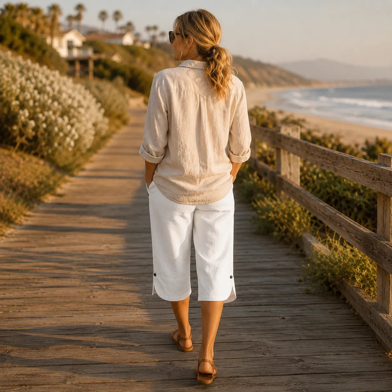 Brisana – Lightweight Linen-Look Capri Pants for Women Soft Elastic Waist