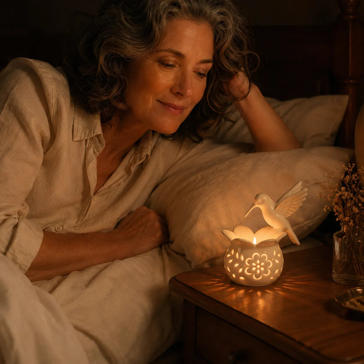 Lumavia – Hummingbird Tealight Candle Holder with Floral Shadow Base