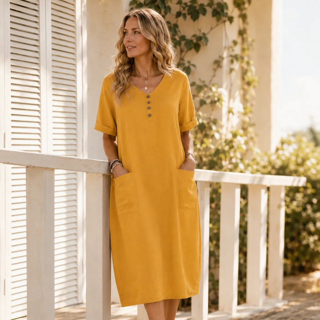 Lorelane – Relaxed V-Neck Midi Dress with Pockets for Women