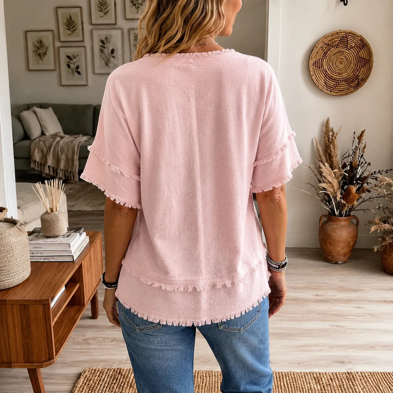 Lorelei – Boho Frayed-Trim V-Neck Tee for Women, Loose Tummy-Hiding Fit