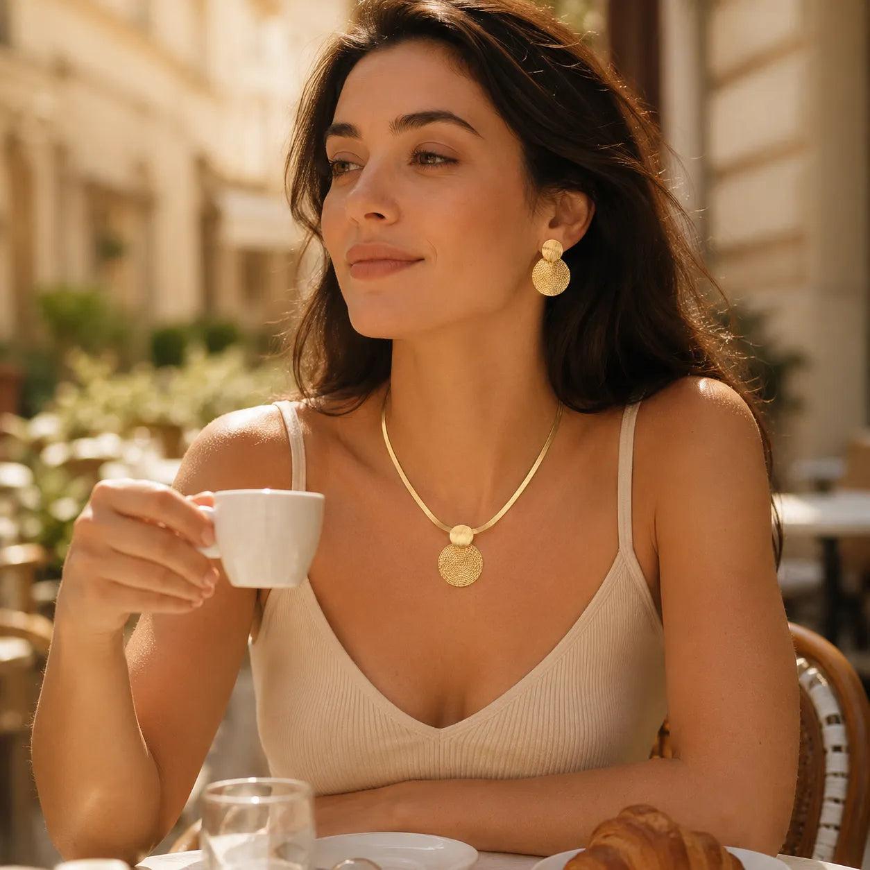 Aurenza – Gold necklace and earring set, textured medallion, flat snake chain