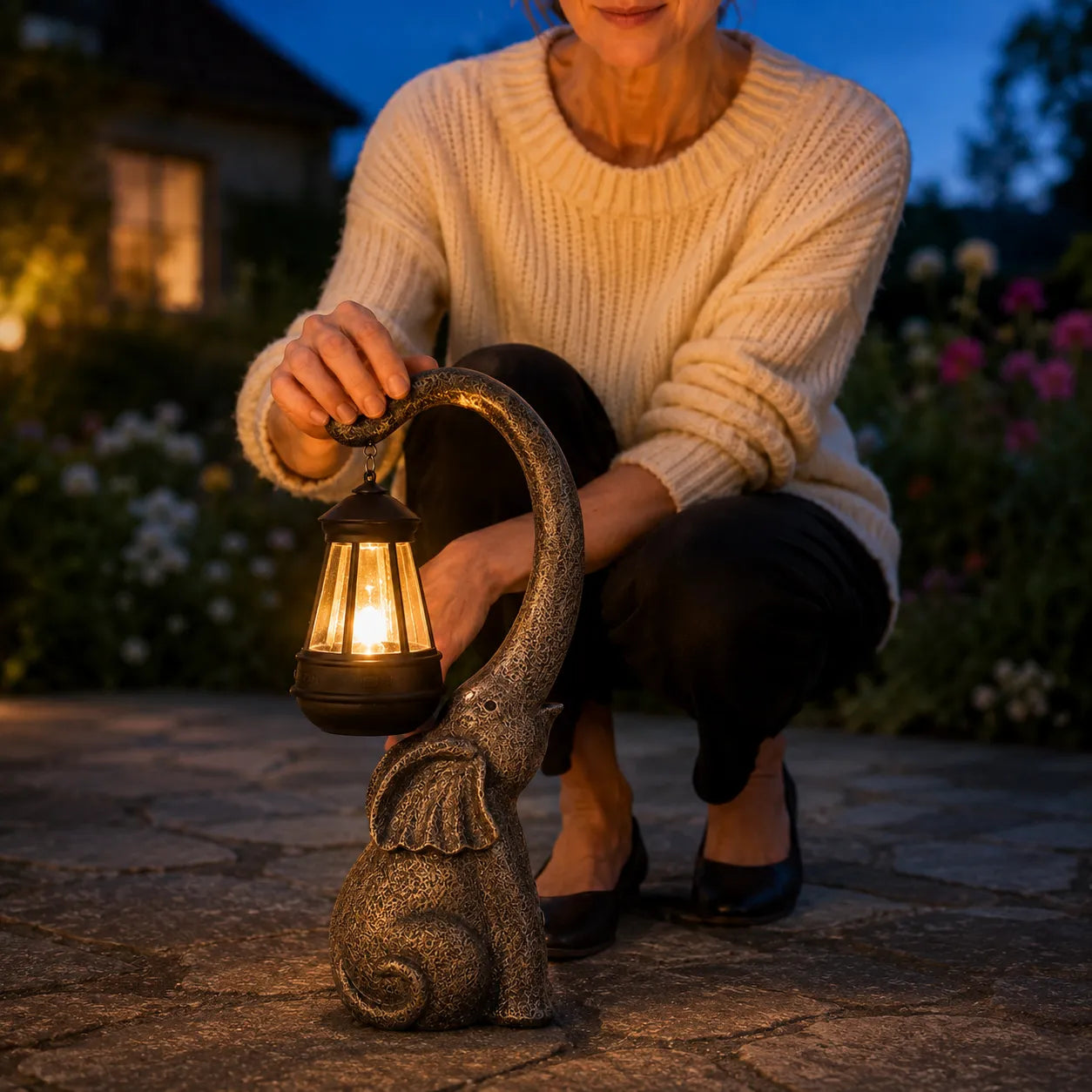 Lumeria – Aged Bronze Look Elephant Solar Lantern Garden Statue