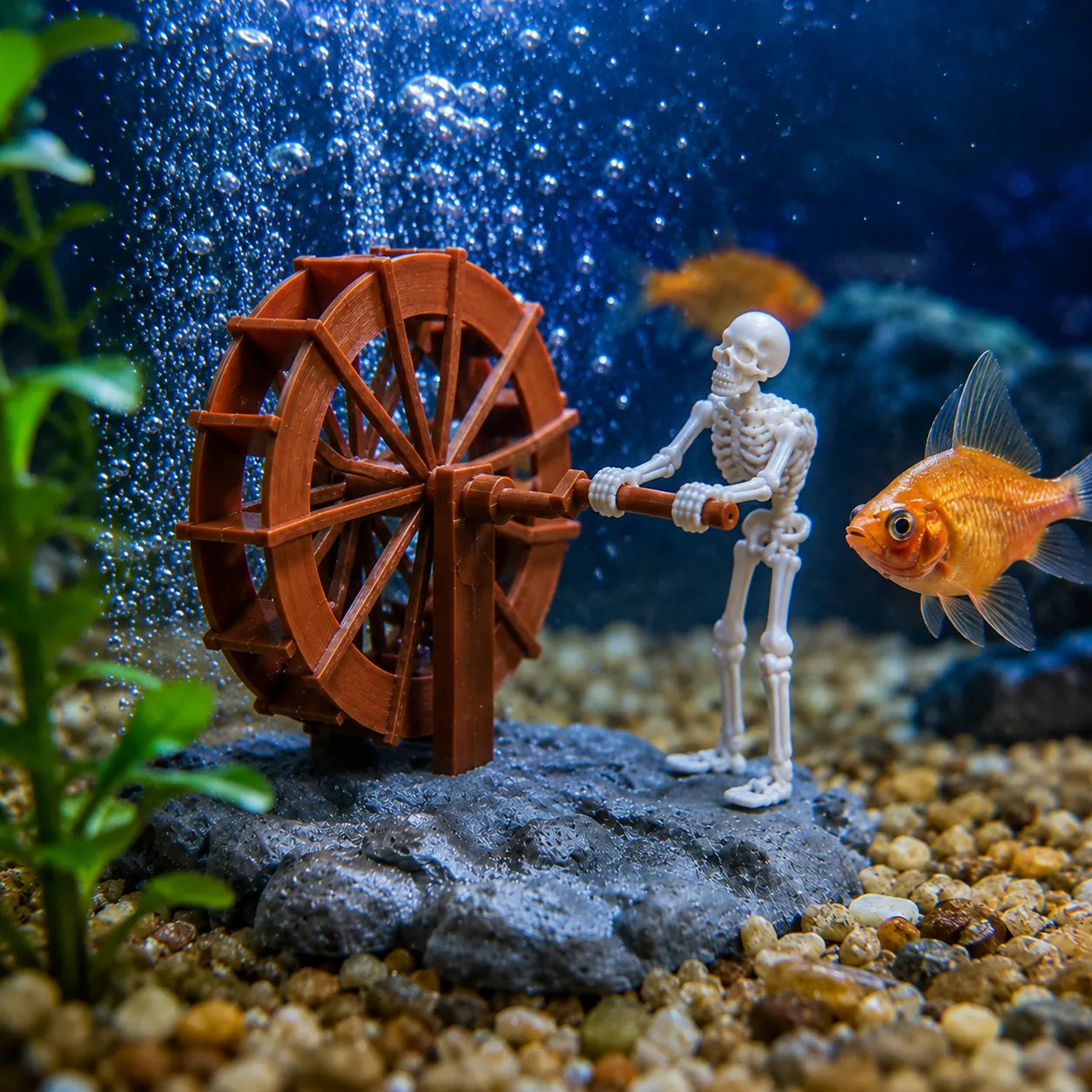 Finnegan – Animated Skeleton Waterwheel Aquarium Ornament with Bubble Aeration