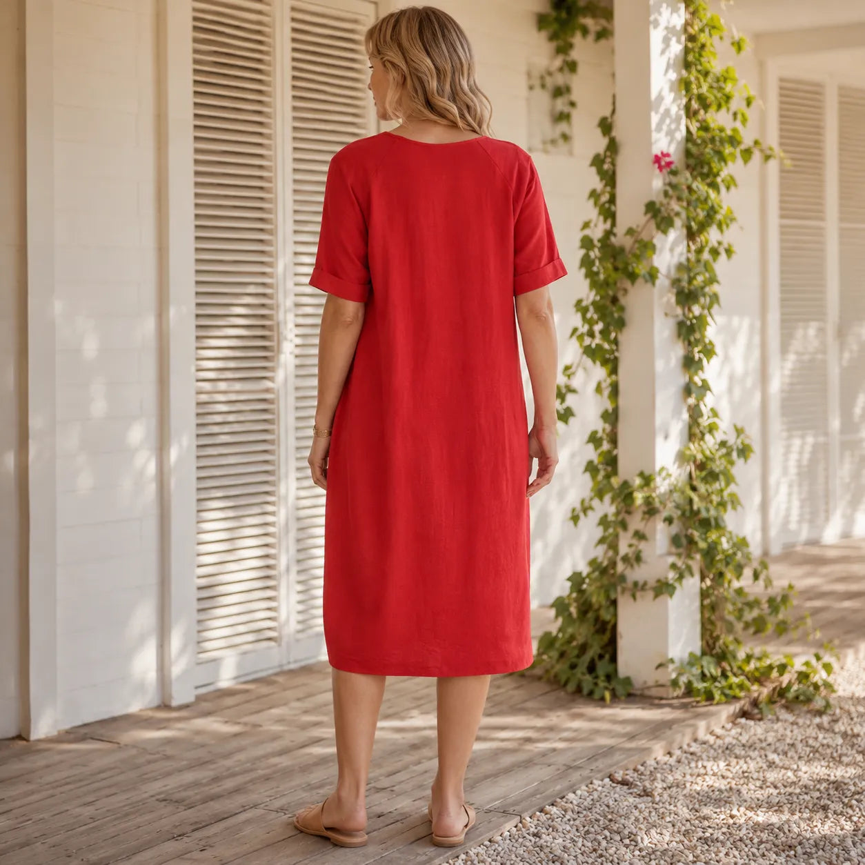 Lorelane – Relaxed V-Neck Midi Dress with Pockets for Women