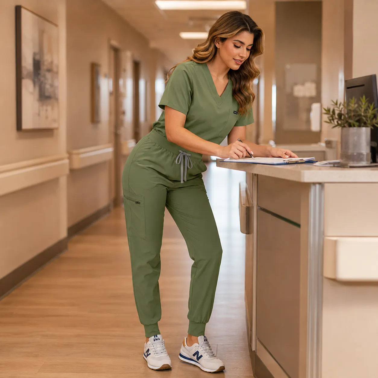 Corelle – V-Neck Jogger Scrub Set with Drawstring Waist and Pockets