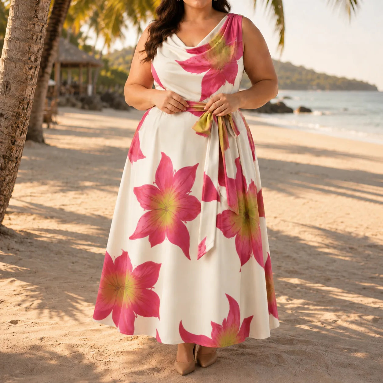 Florenza – Floral Cowl-Neck Midi Dress with Tie Waist, A-Line, Sleeveless