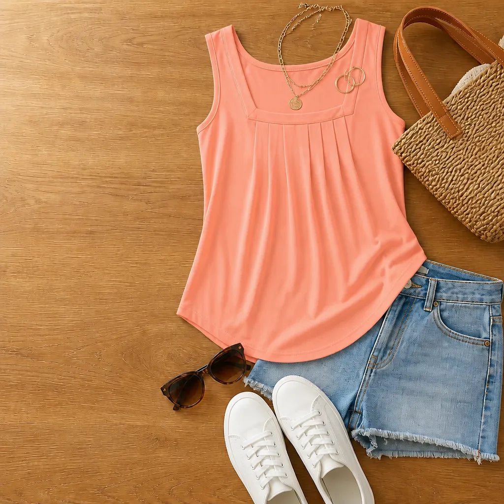 Bellara – Pleated Square Neck Tank Top for Women, Loose Fit Summer Blouse