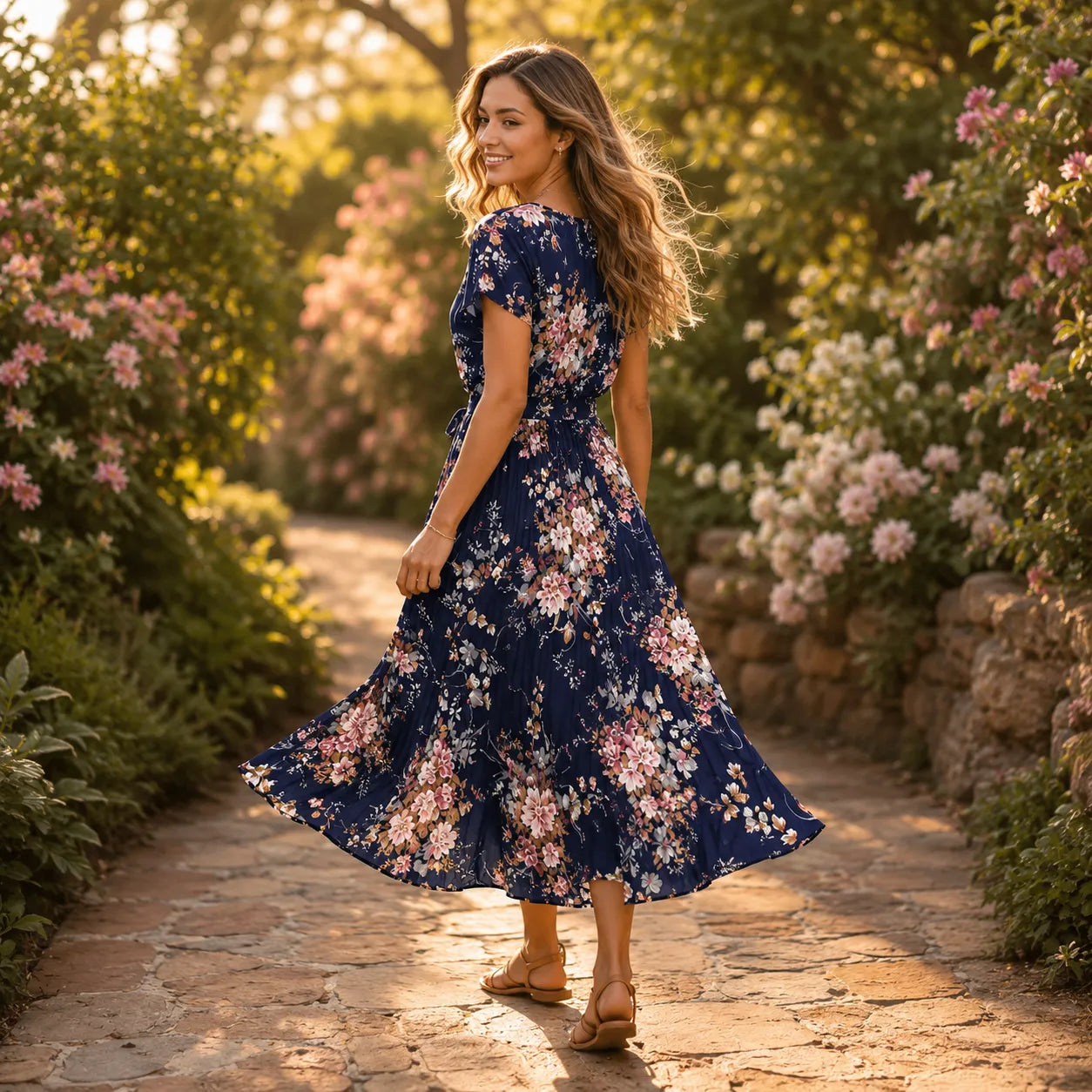 Florenza – Floral Pleated Midi Dress with Tie Waist and Flutter Sleeves