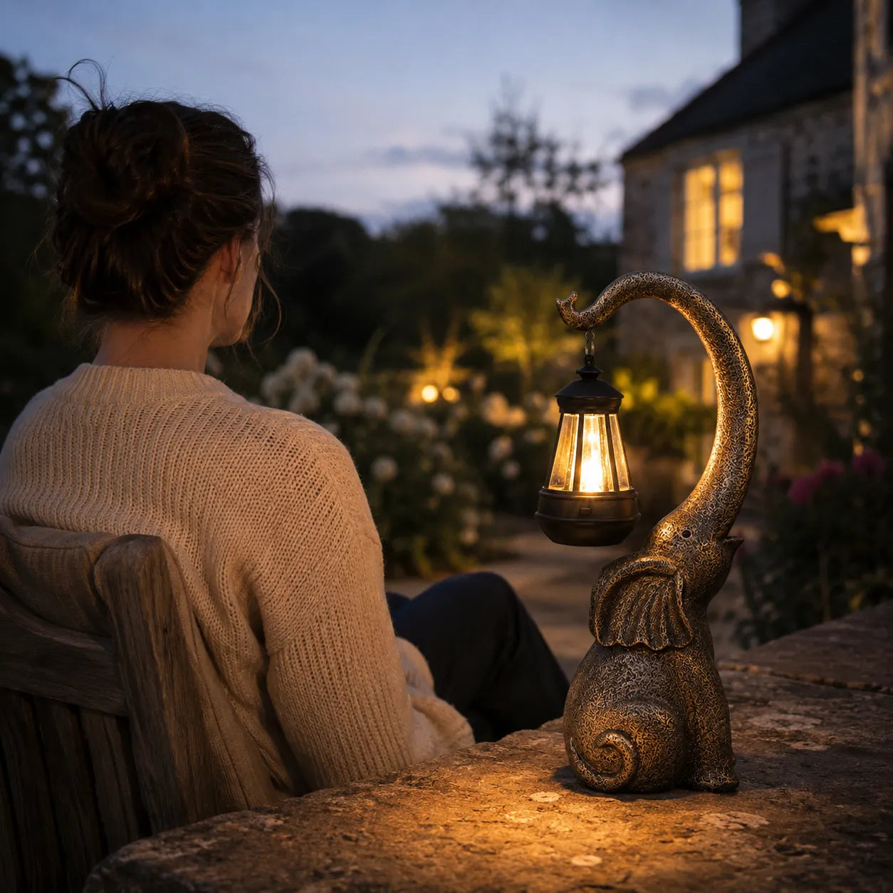Lumeria – Aged Bronze Look Elephant Solar Lantern Garden Statue