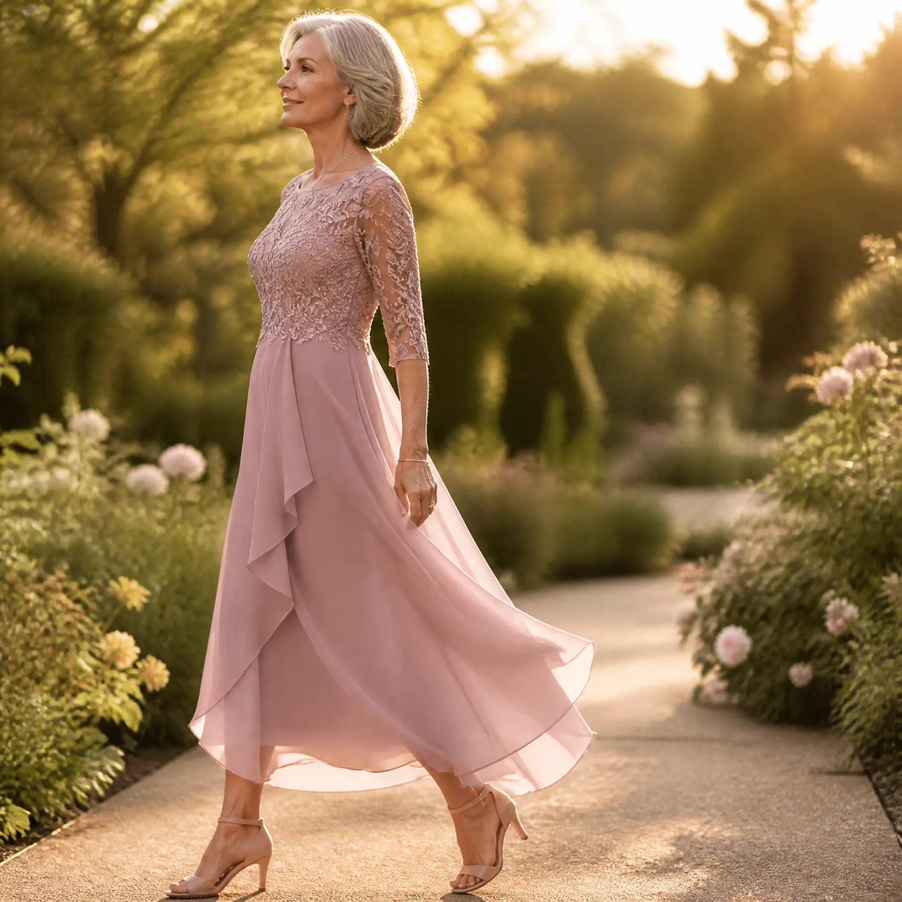 Elarose – Embroidered Lace Bodice Midi Dress for Weddings