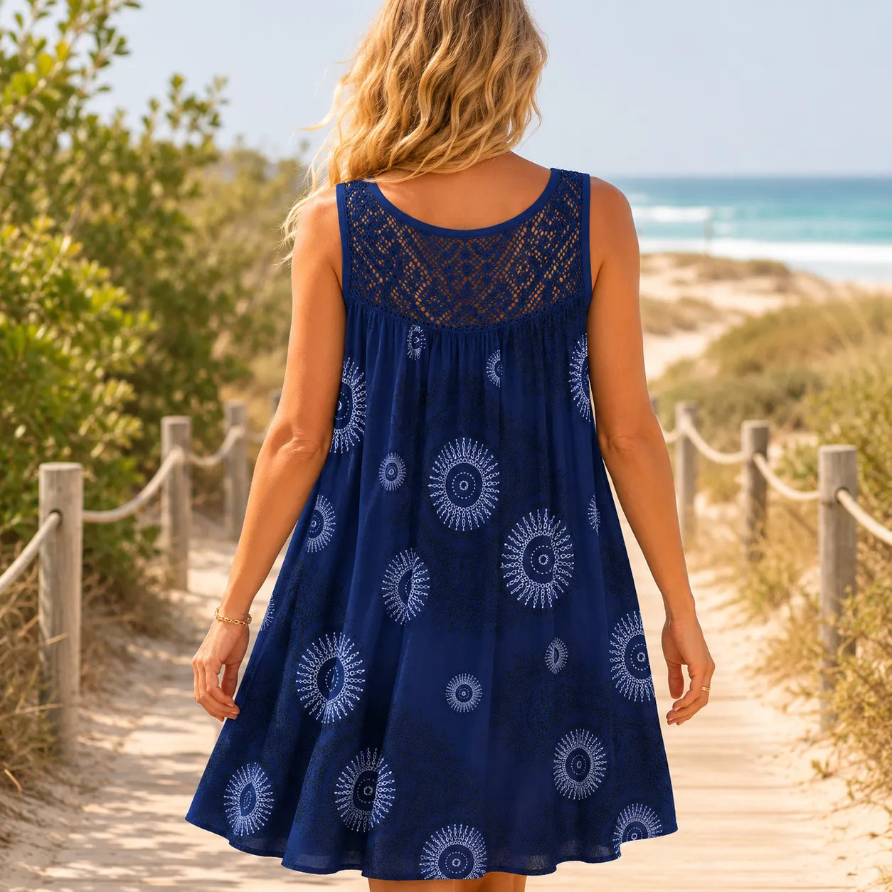 Islora – Sleeveless Lace Look-Yoke Summer Dress