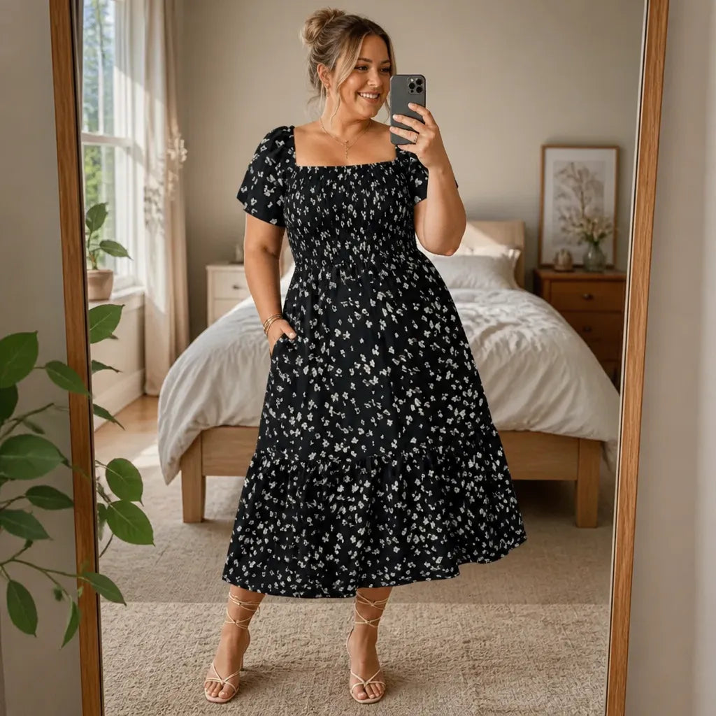 Florenza – Square Neck Floral Midi Dress with Smocked Bodice & Tiered Skirt