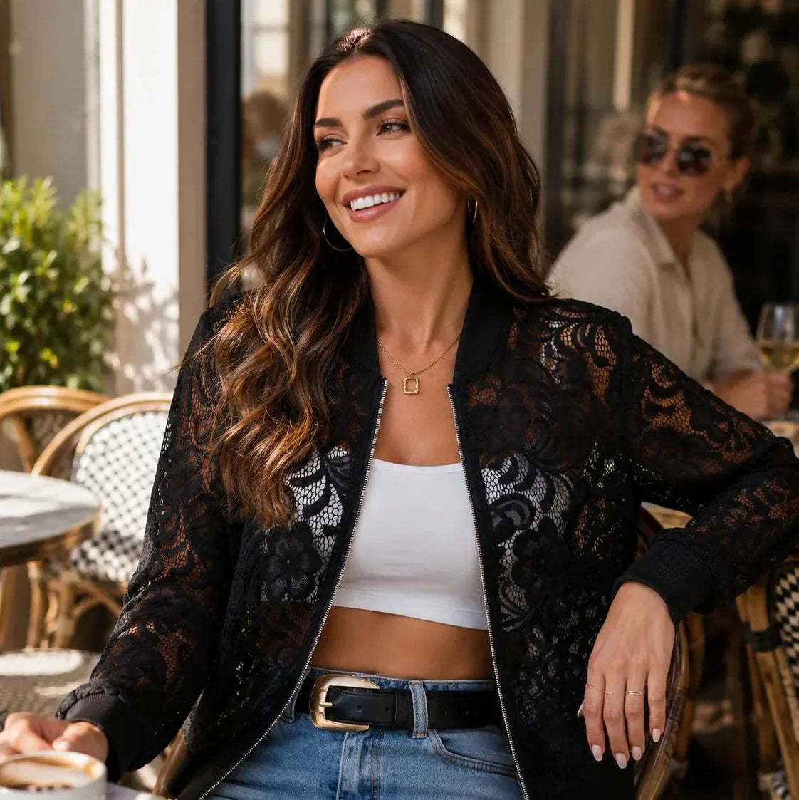 Lacelle – Floral Lace Zip Up Bomber Jacket for Women