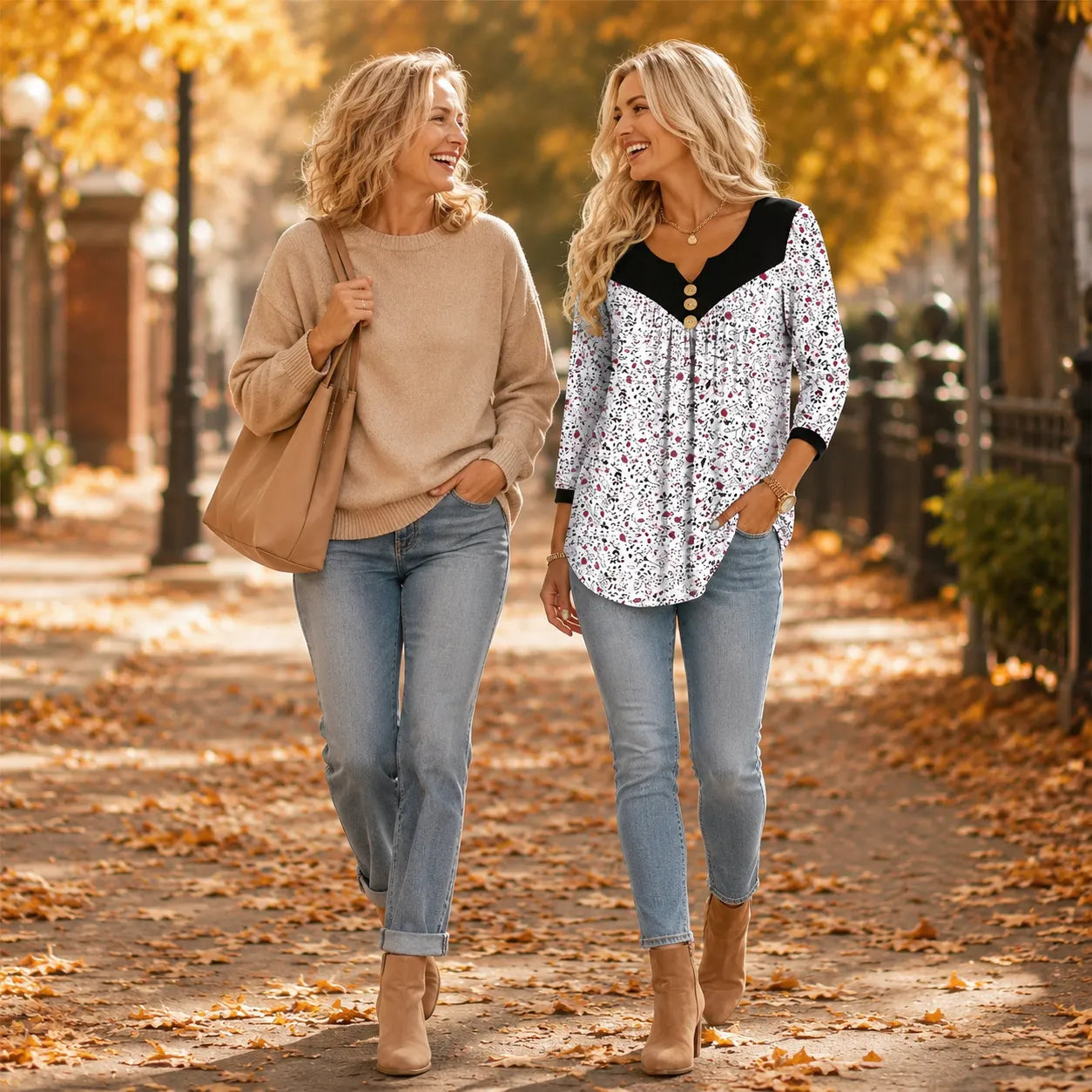Evelora – Floral V-Neck Tunic Top with Button Yoke