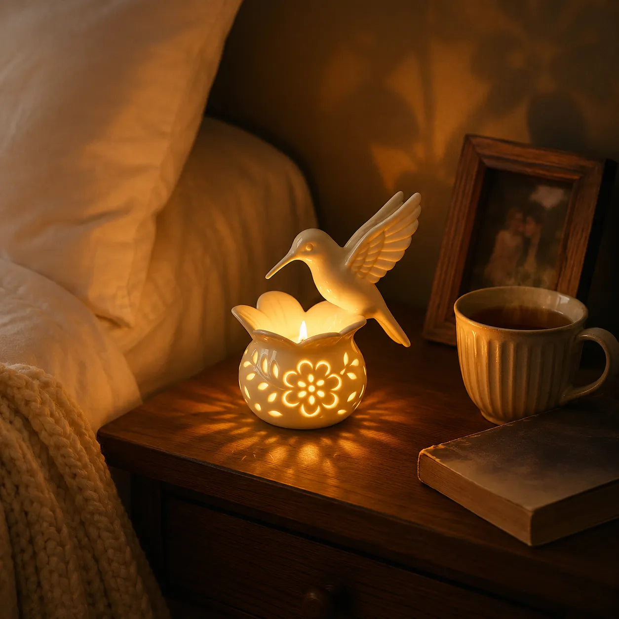 Lumavia – Hummingbird Tealight Candle Holder with Floral Shadow Base