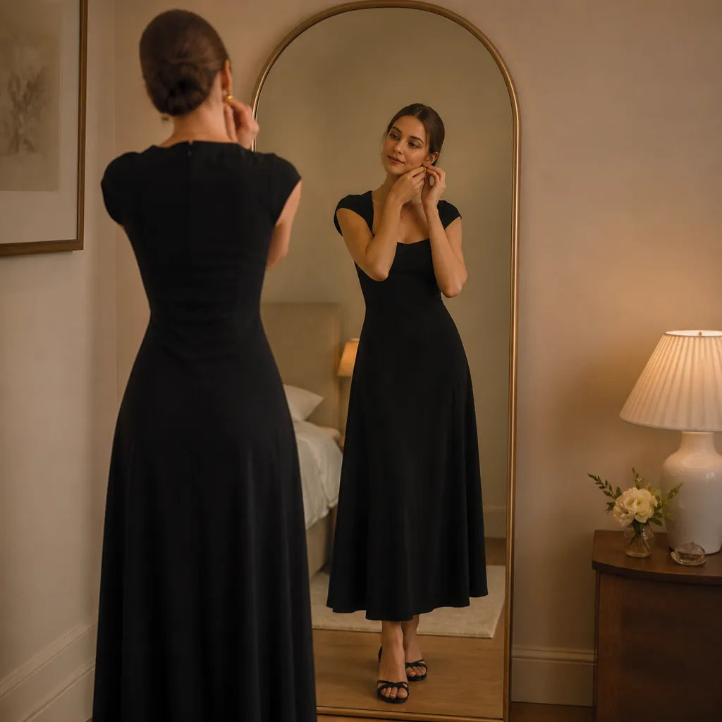 Elowyn – Square Neck A-Line Midi Dress with Sculpted Waist