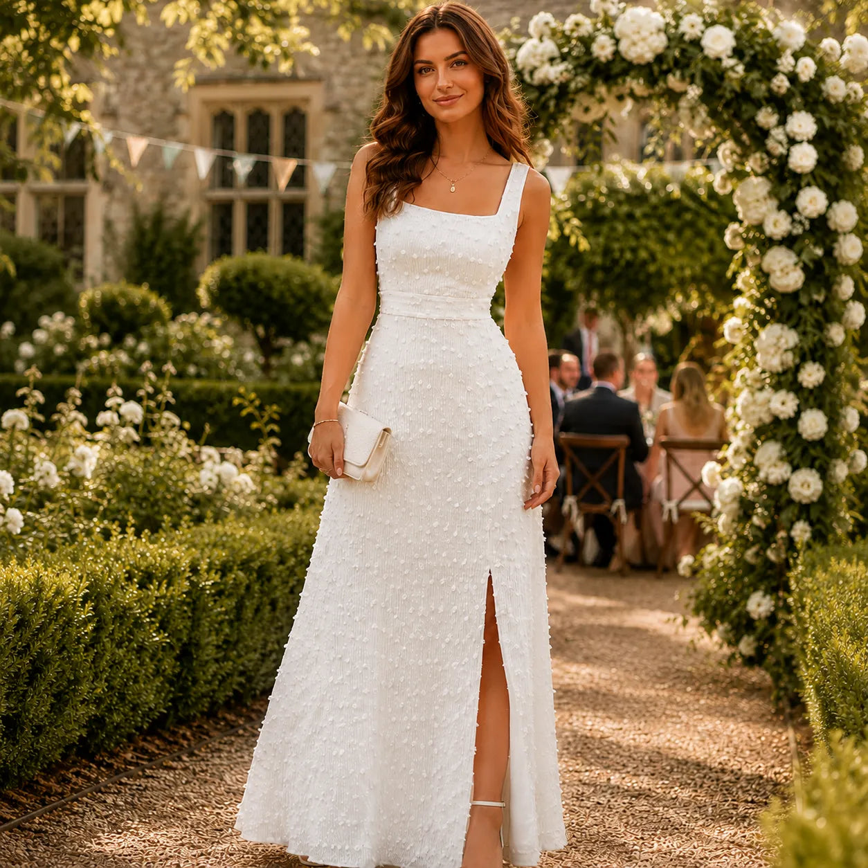Aveline – Textured Square Neck Maxi Dress with Back Bow