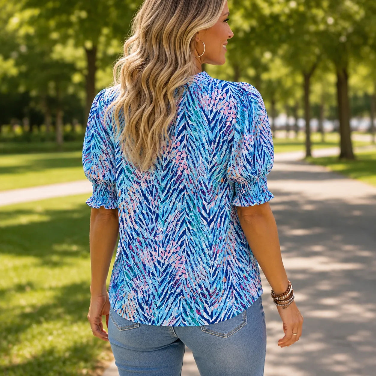 Elowen – Women's V-Neck Puff Sleeve Blouse with Smocked Cuffs, Flowy Floral Top