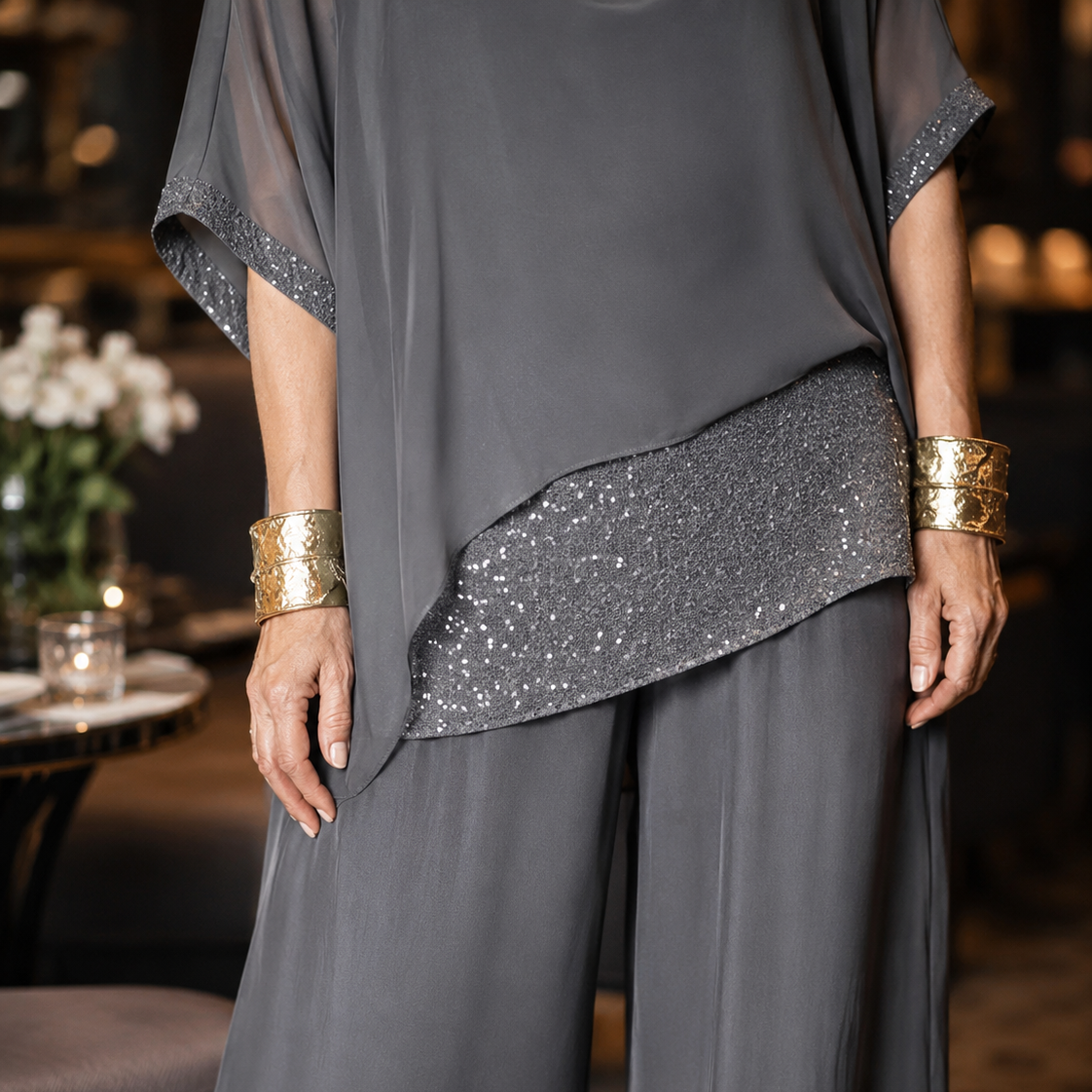 Lumésa – Chiffon Sequin Two-Piece Pantsuit Set