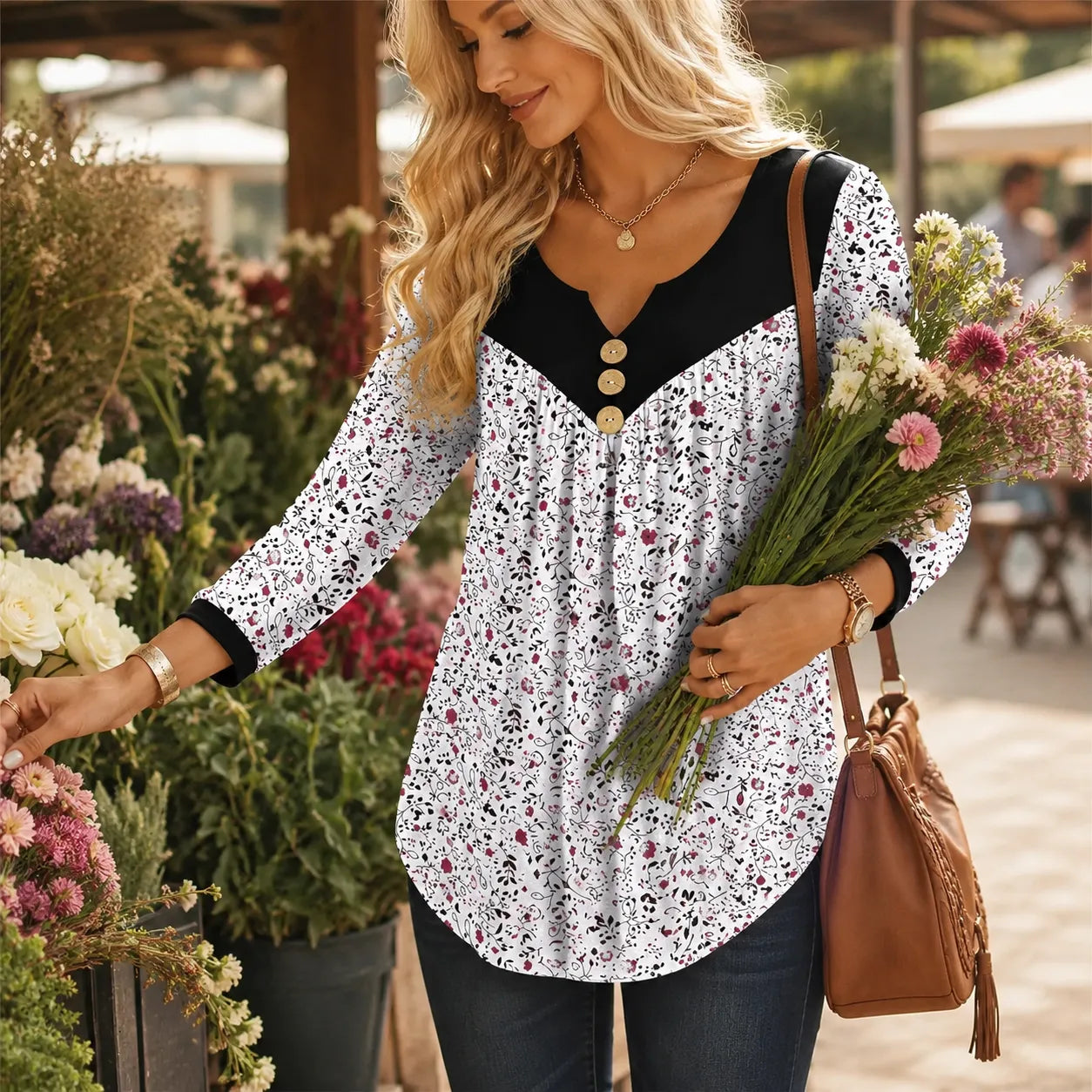 Evelora – Floral V-Neck Tunic Top with Button Yoke