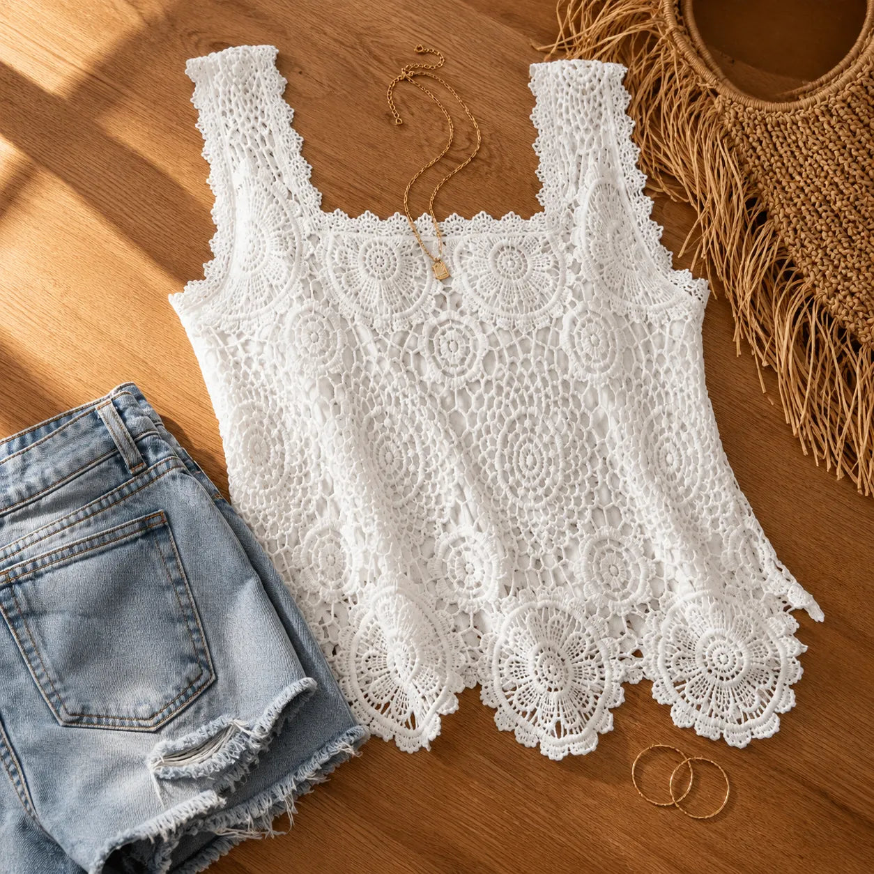 Florelle – Crochet Lace Like Square Neck Tank Top for Summer