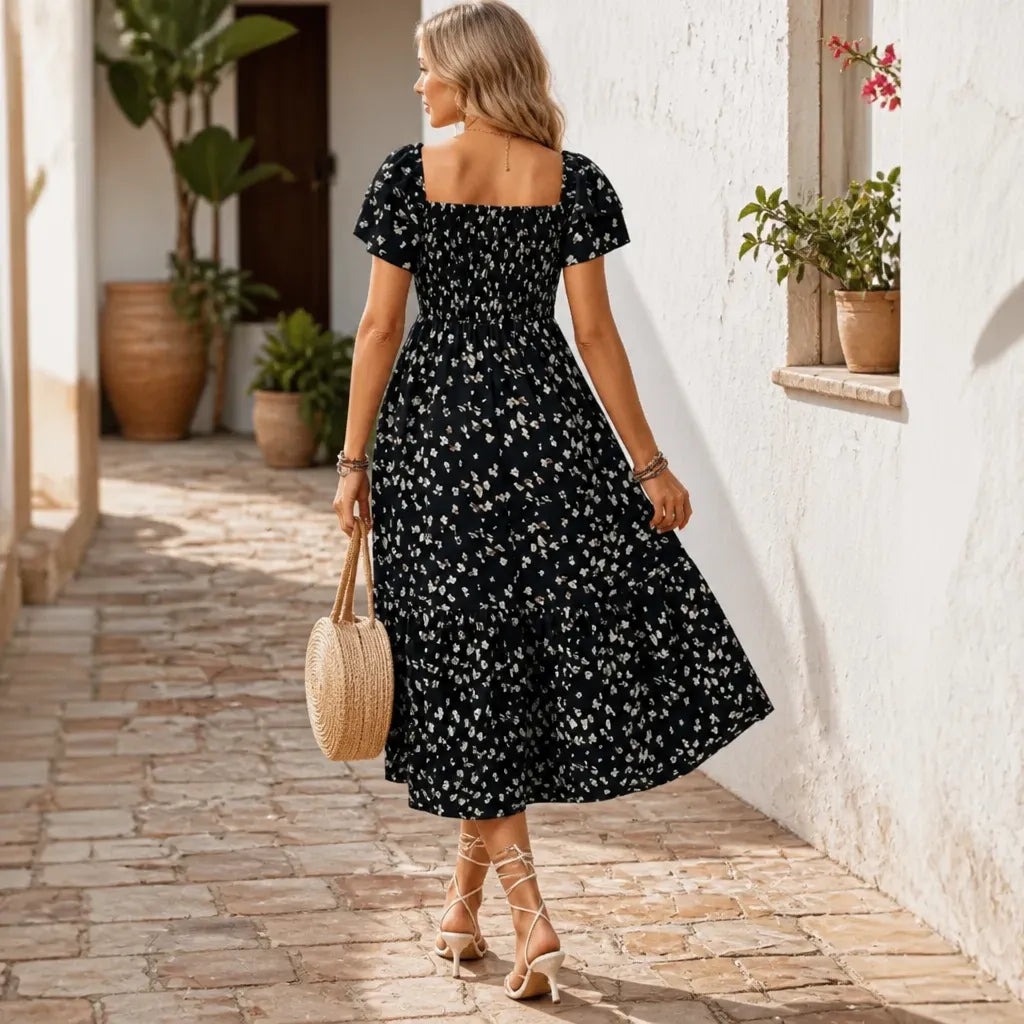 Florenza – Square Neck Floral Midi Dress with Smocked Bodice & Tiered Skirt