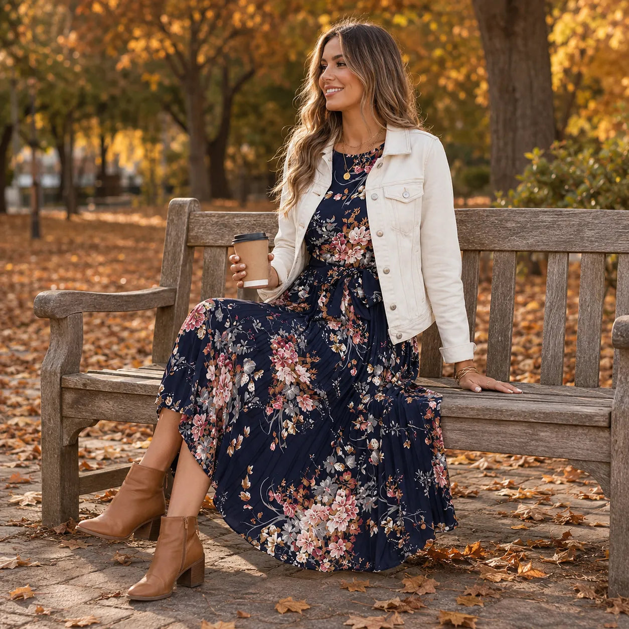 Florenza – Floral Pleated Midi Dress with Tie Waist and Flutter Sleeves