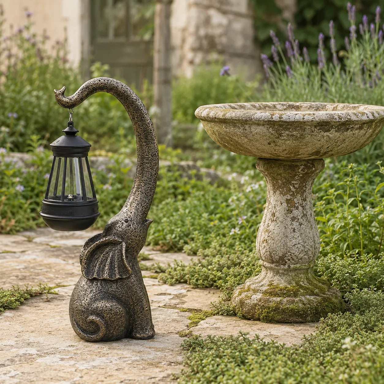 Lumeria – Aged Bronze Look Elephant Solar Lantern Garden Statue