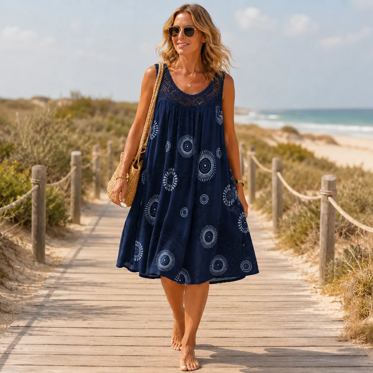 Islora – Sleeveless Lace Look-Yoke Summer Dress