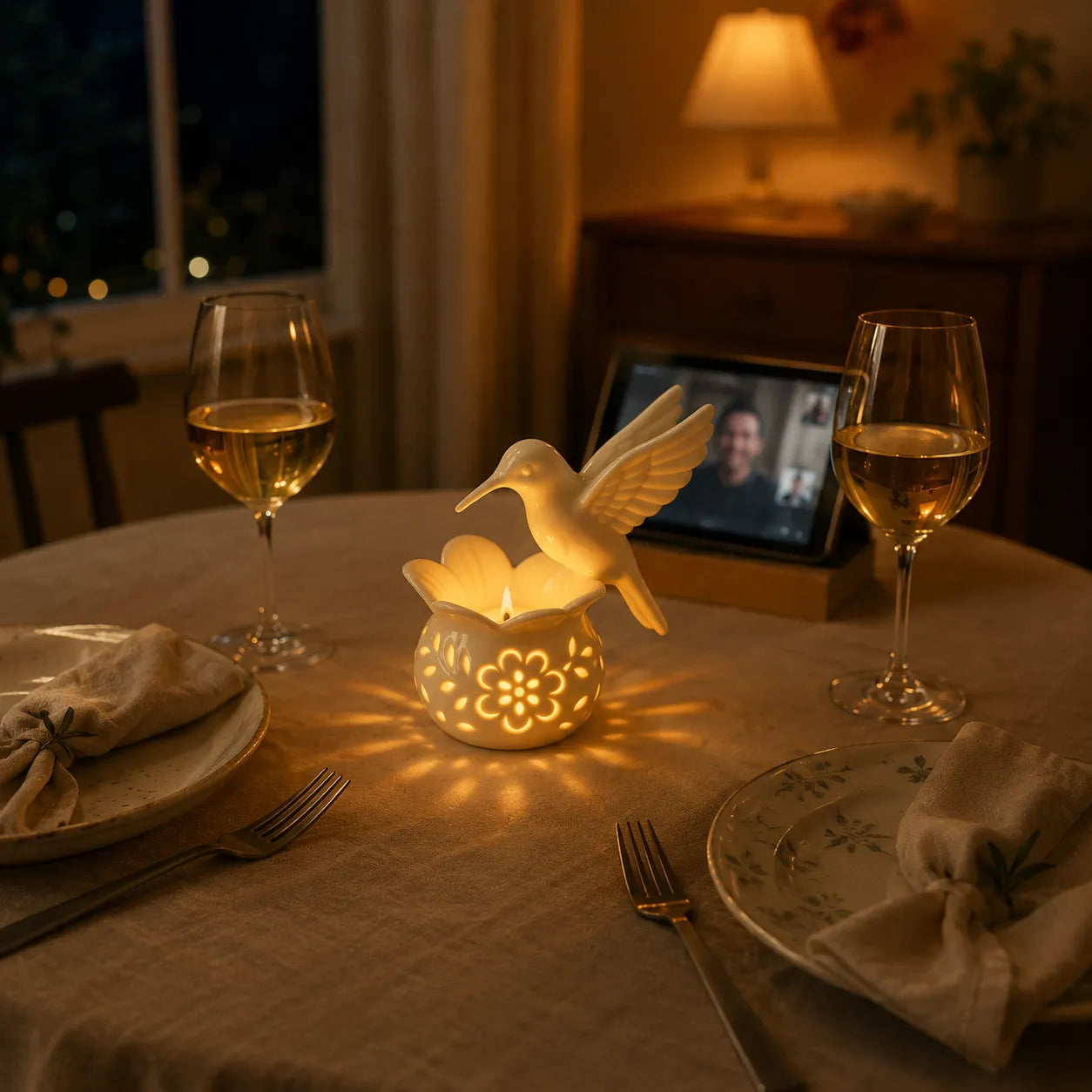 Lumavia – Hummingbird Tealight Candle Holder with Floral Shadow Base