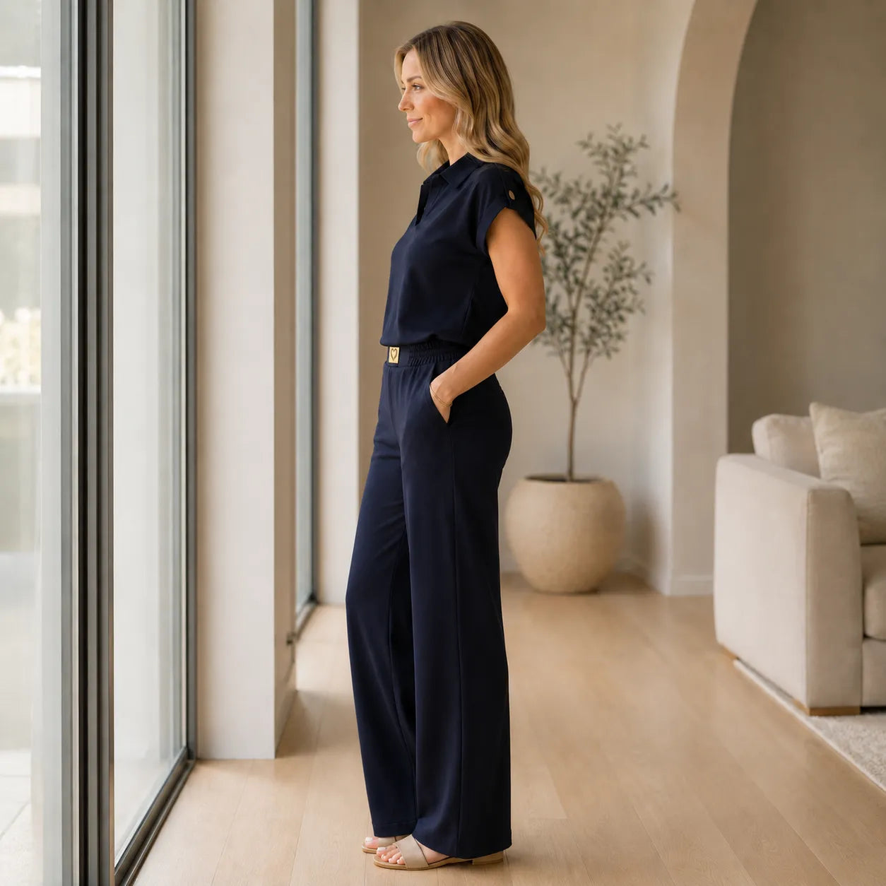 Loriana – Women's Matching Set, Cap Sleeve Polo Top & Wide Leg Trousers