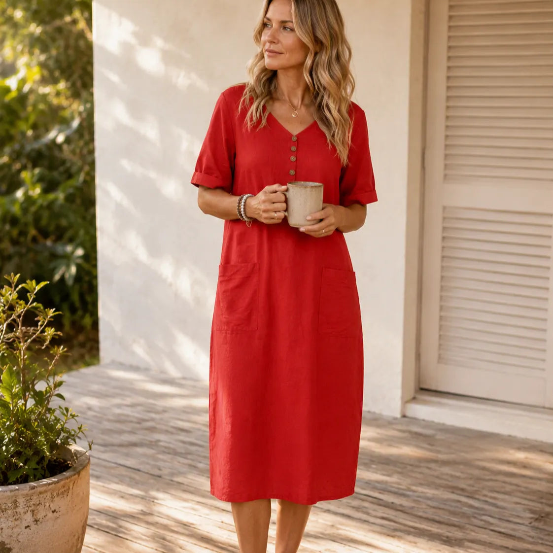 Lorelane – Relaxed V-Neck Midi Dress with Pockets for Women