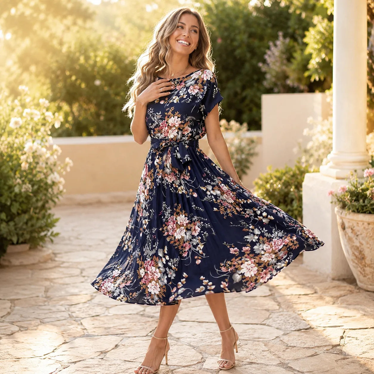 Florenza – Floral Pleated Midi Dress with Tie Waist and Flutter Sleeves