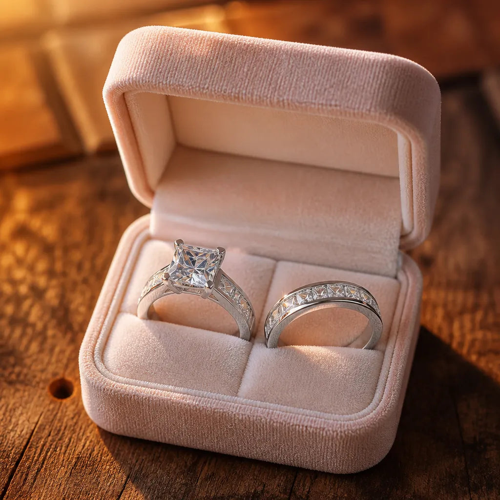 Aurelys – Matching 2-Piece Cubic Zirconia Ring Set, Princess-Cut Stackable Bridal Style, Gold or Silver Tone