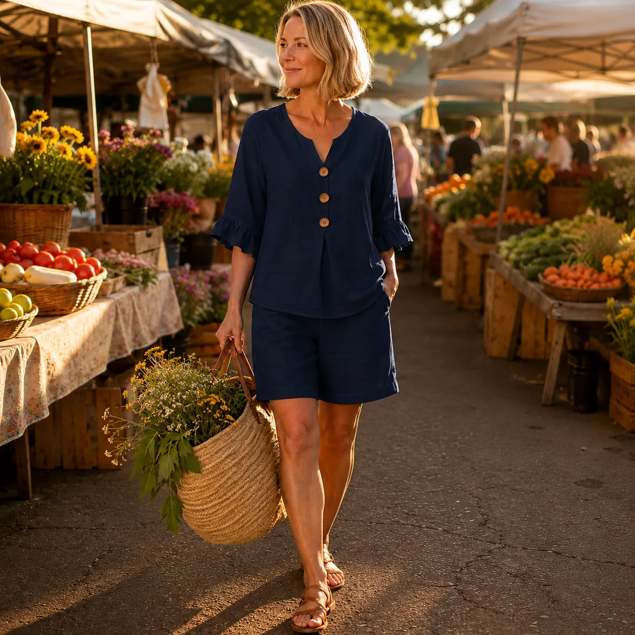 Linora – Ruffle Sleeve Linen-Look Two-Piece Summer Set