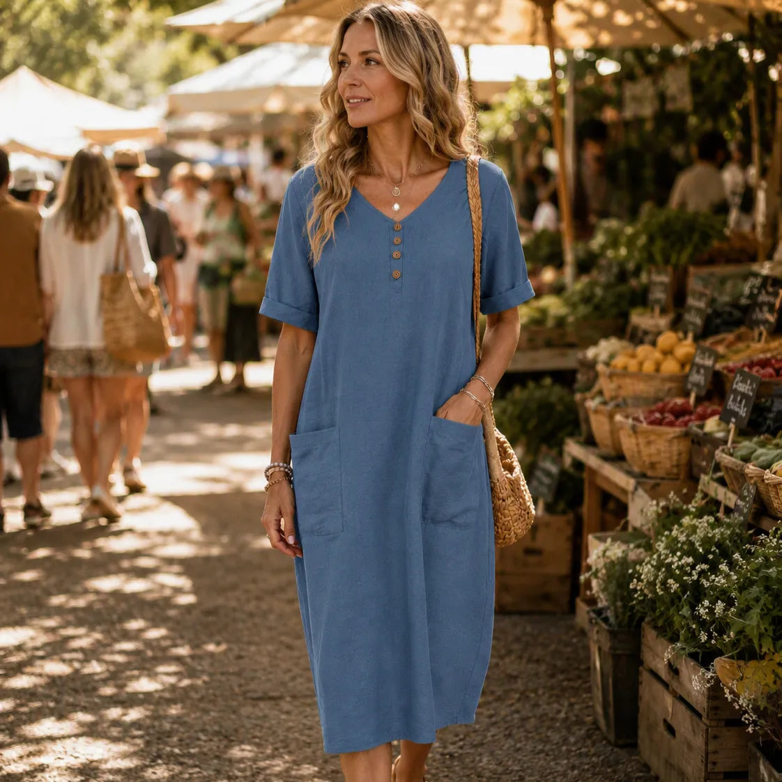 Lorelane – Relaxed V-Neck Midi Dress with Pockets for Women