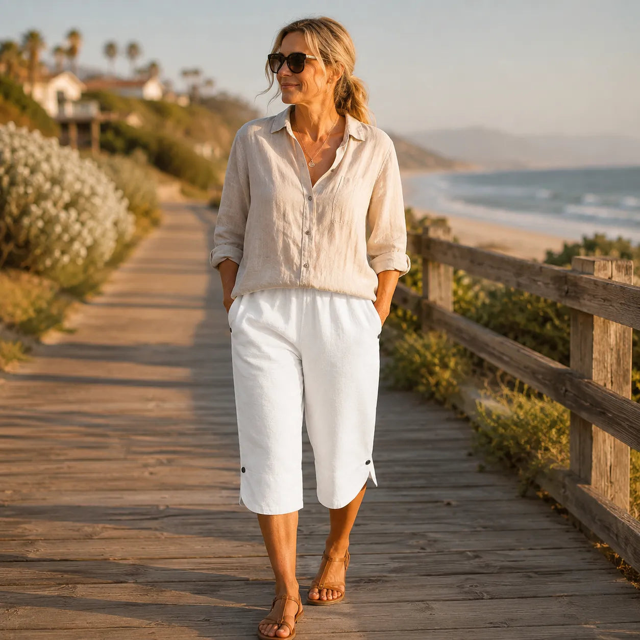 Brisana – Lightweight Linen-Look Capri Pants for Women Soft Elastic Waist