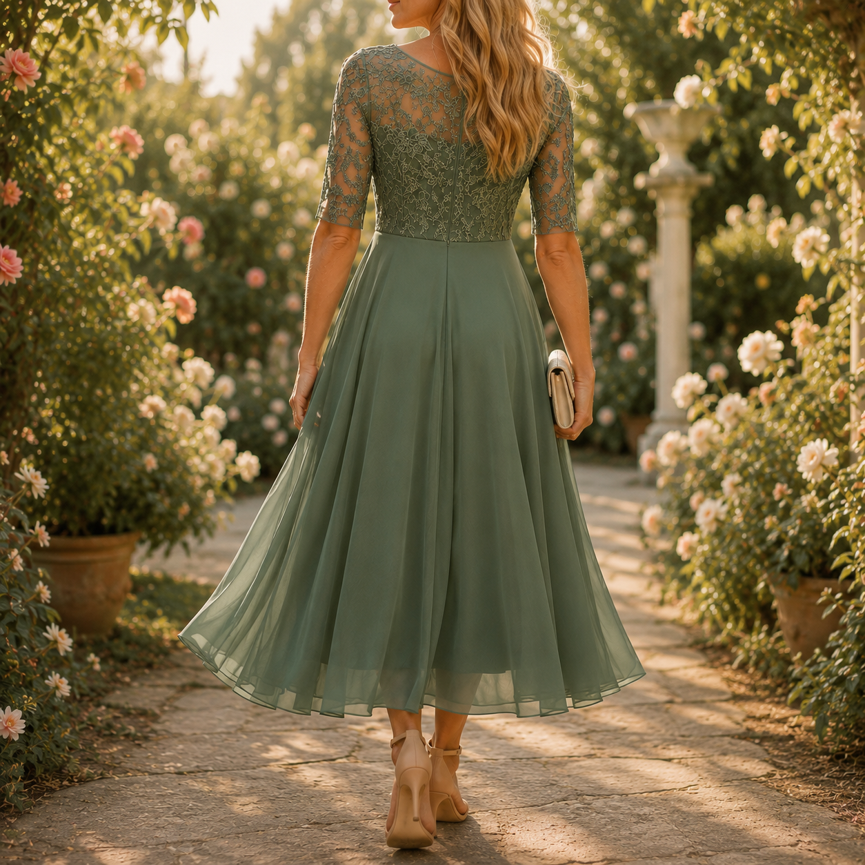 Elarose – Embroidered Lace Bodice Midi Dress for Weddings