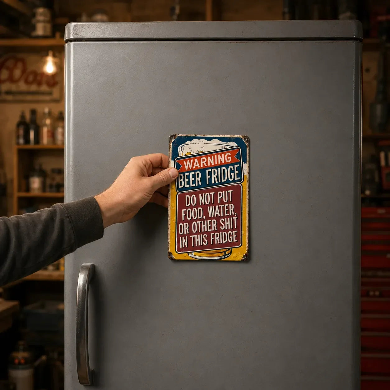 Fridgeboss – Warning Beer Fridge funny metal tin sign for man cave garage