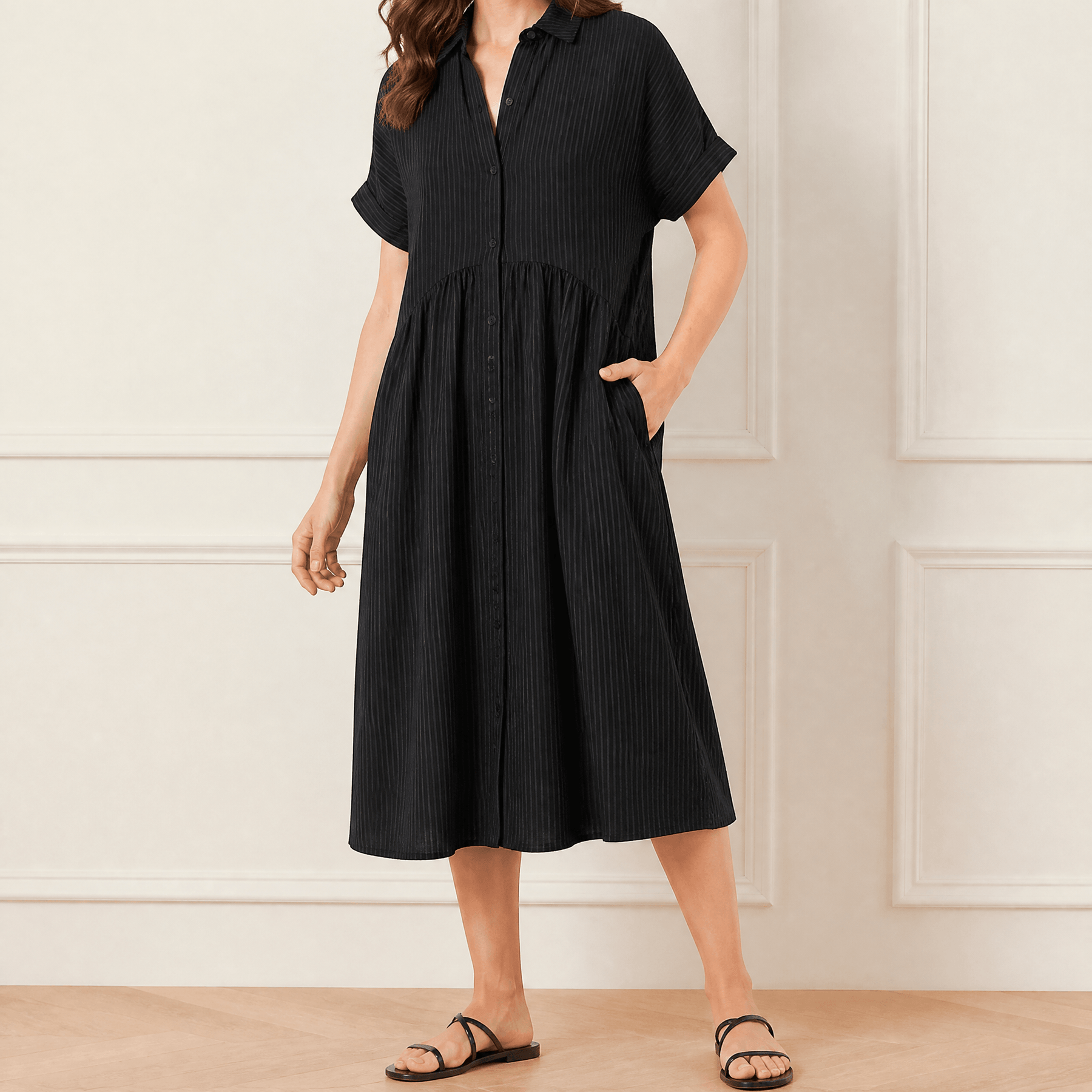 Linara - Striped Midi Shirt Dress with Pockets