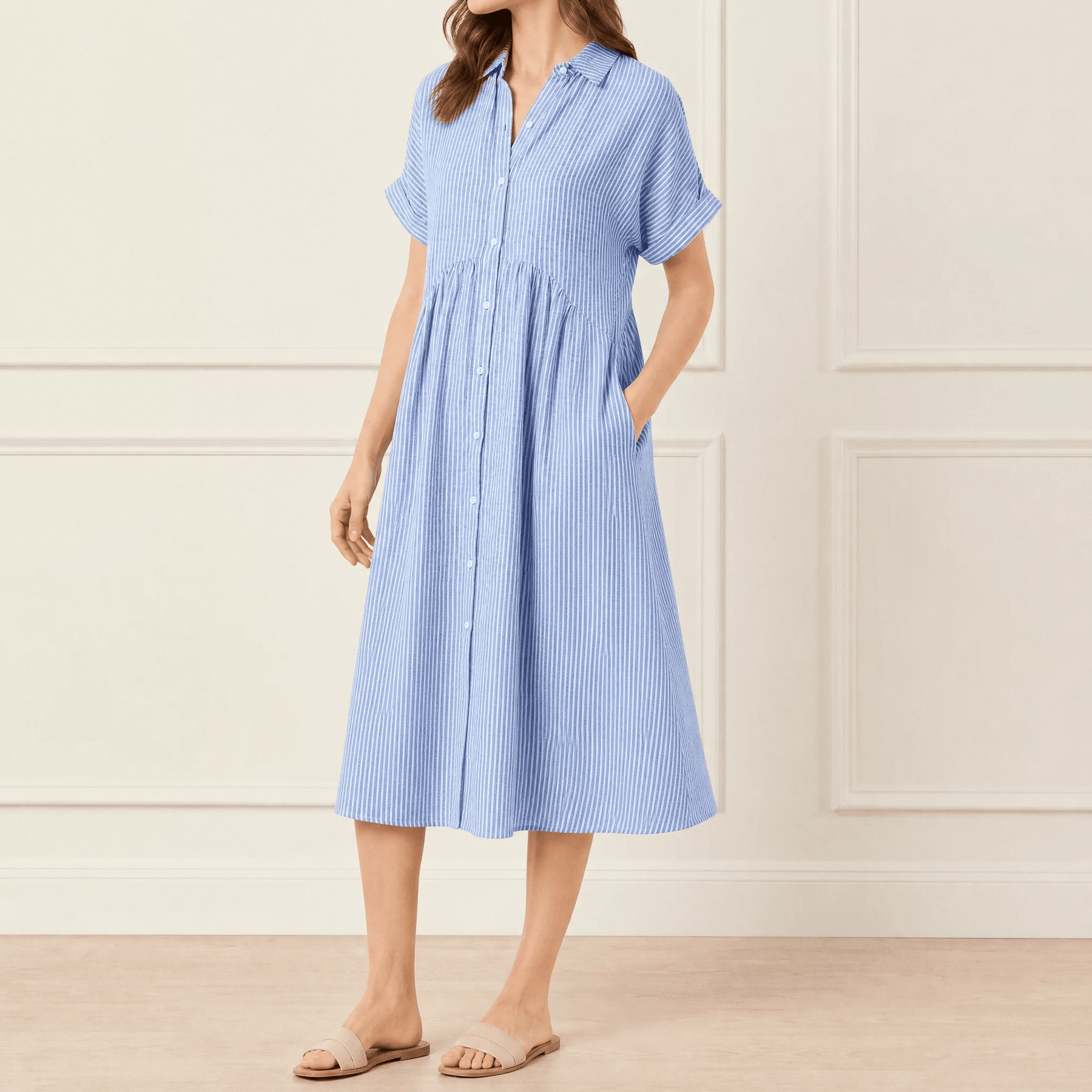 Linara - Striped Midi Shirt Dress with Pockets