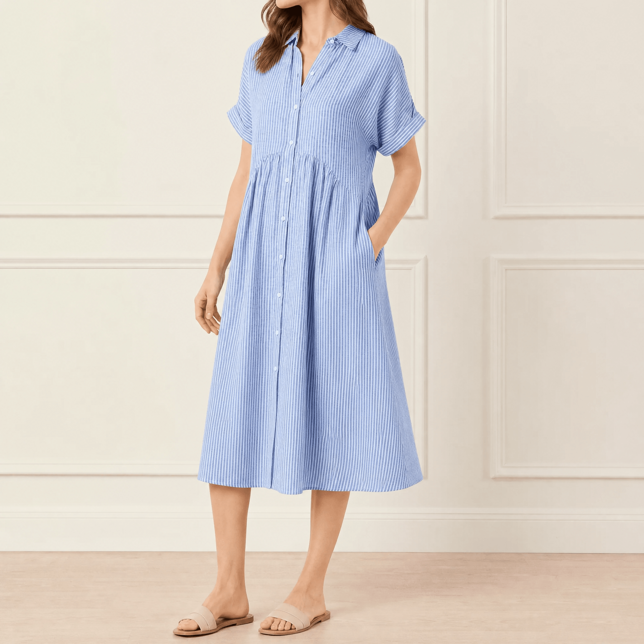 Linara - Striped Midi Shirt Dress with Pockets