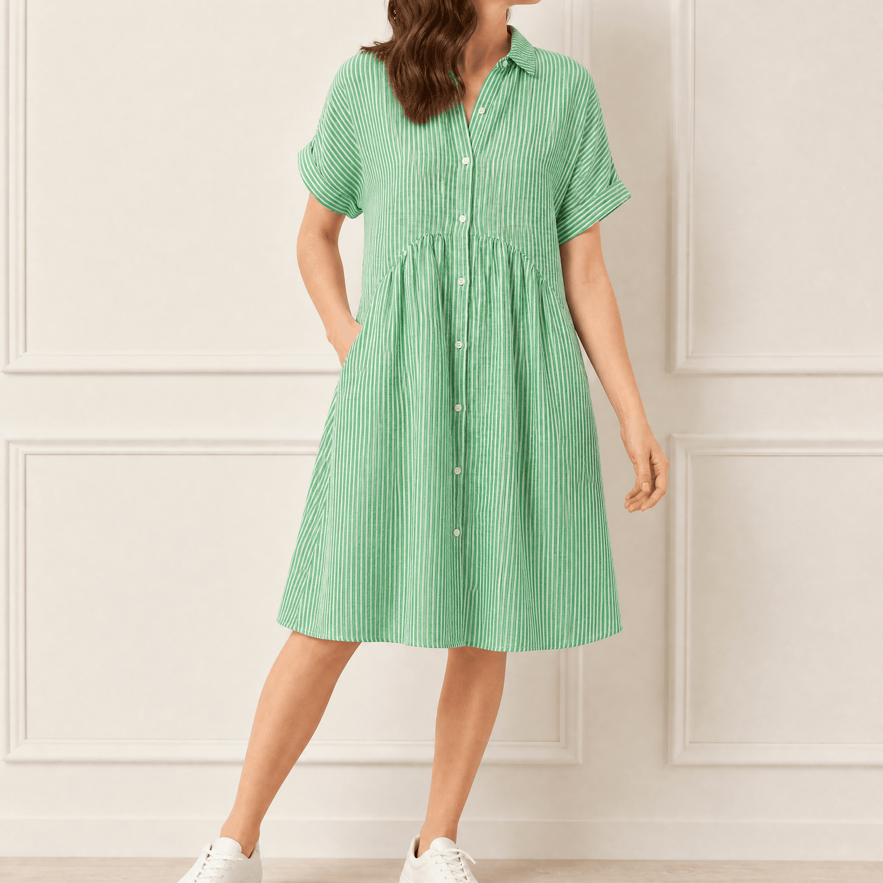 Linara - Striped Midi Shirt Dress with Pockets