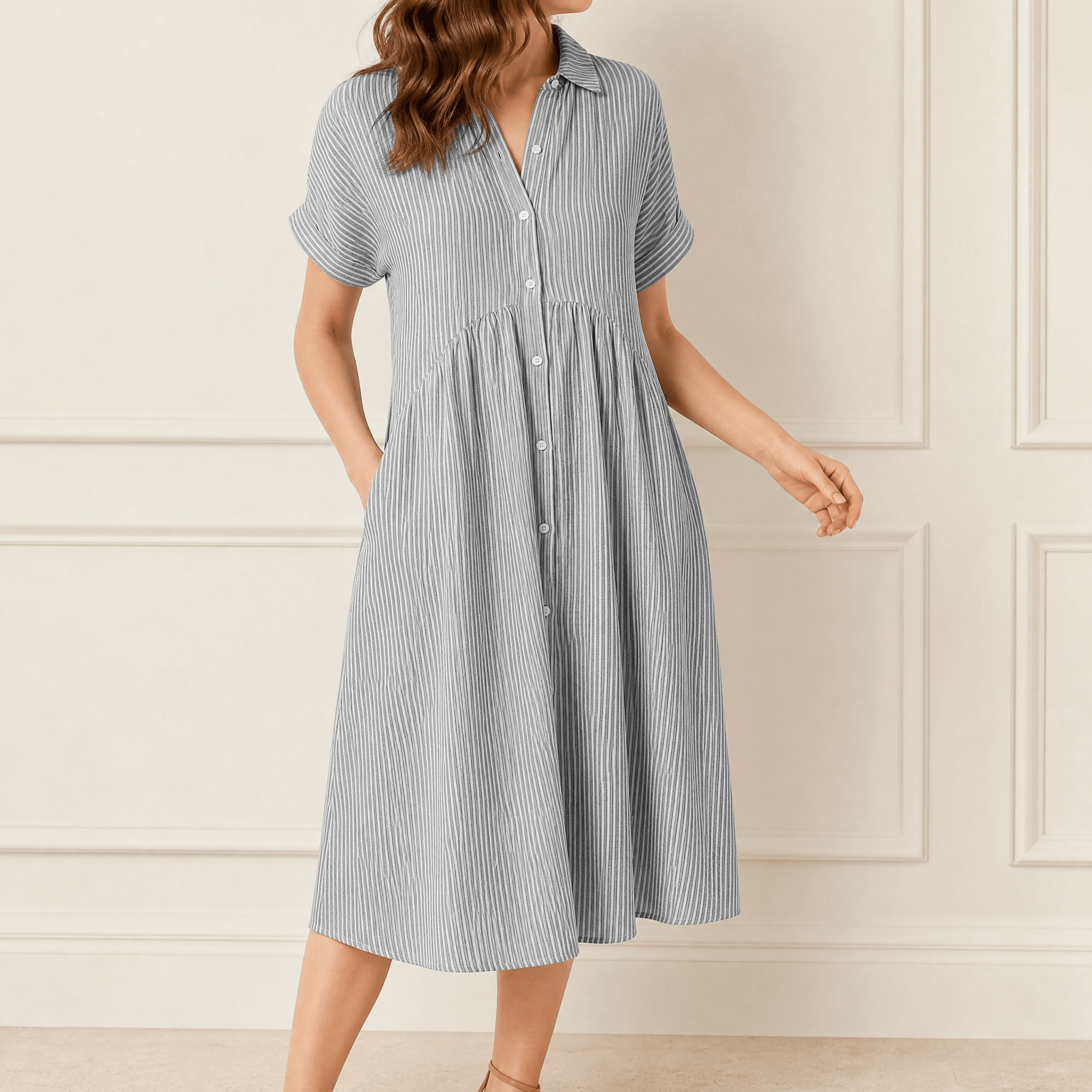Linara - Striped Midi Shirt Dress with Pockets