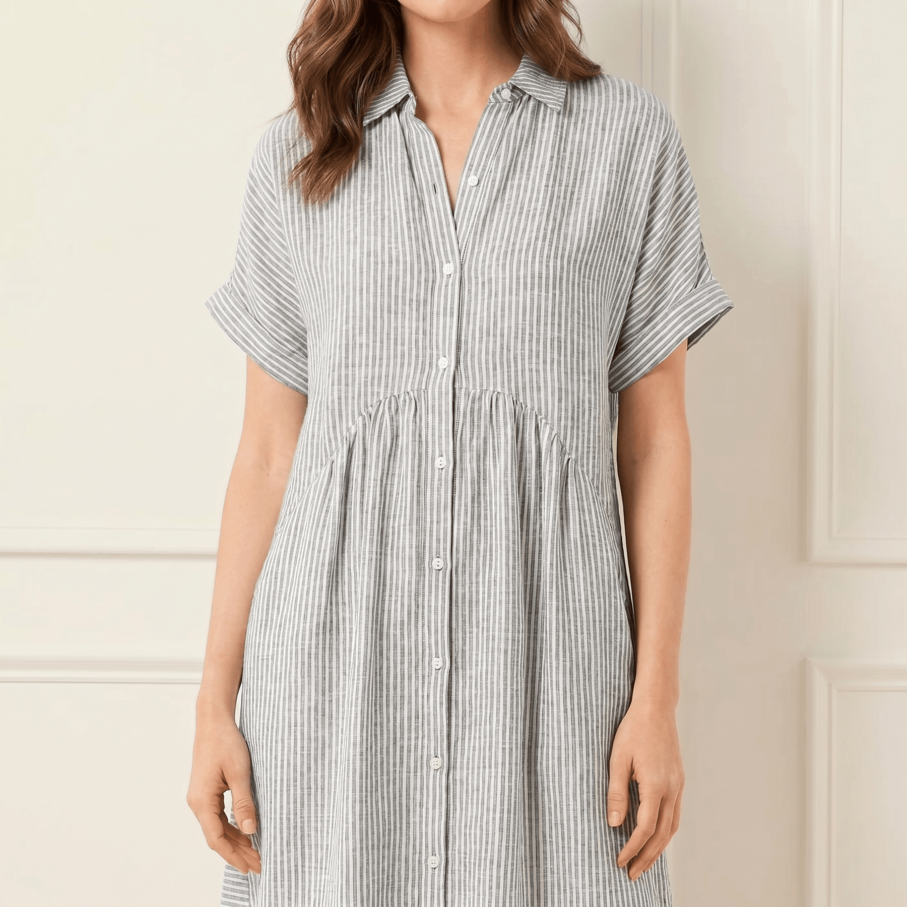 Linara - Striped Midi Shirt Dress with Pockets