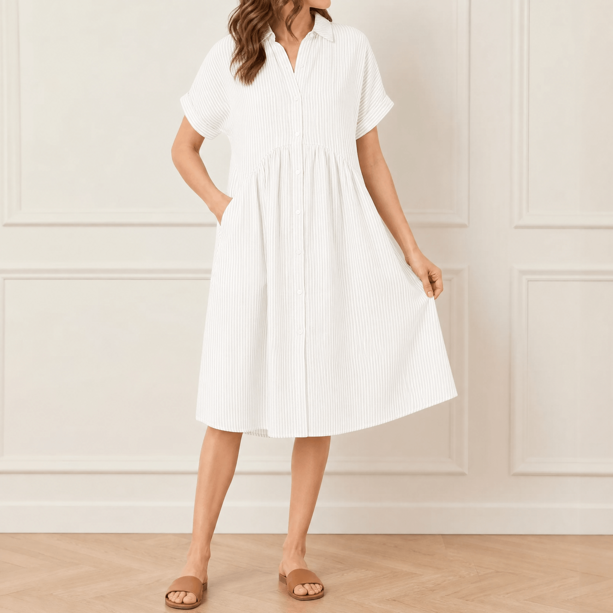 Linara - Striped Midi Shirt Dress with Pockets