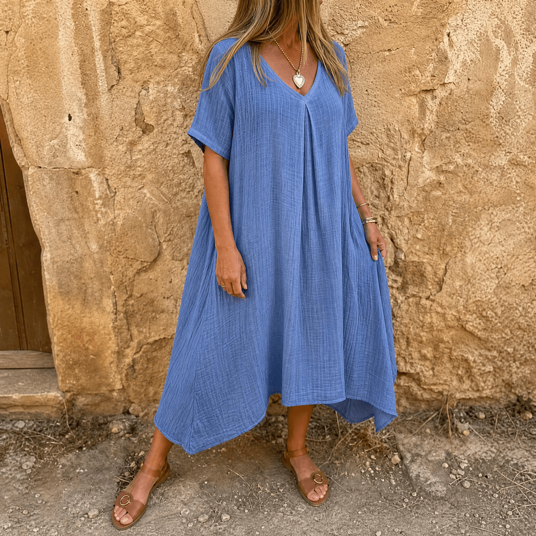 Linara – Women's Breezy Cotton Linen V-Neck Dress