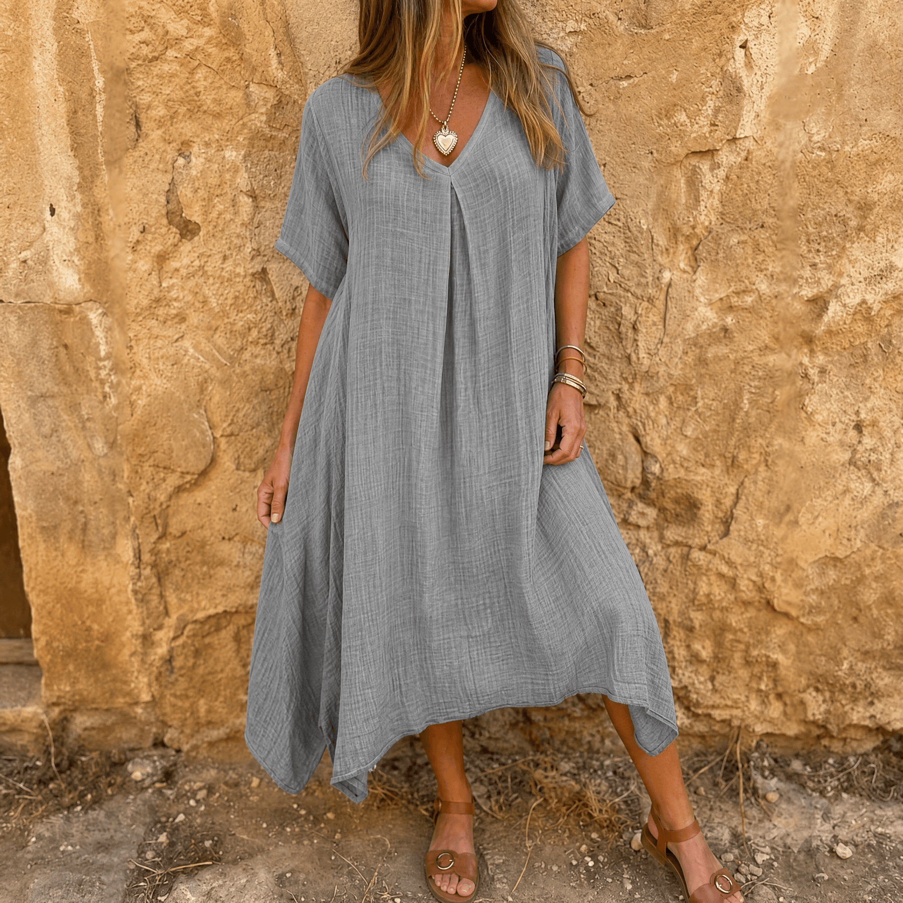 Linara – Women's Breezy Cotton Linen V-Neck Dress