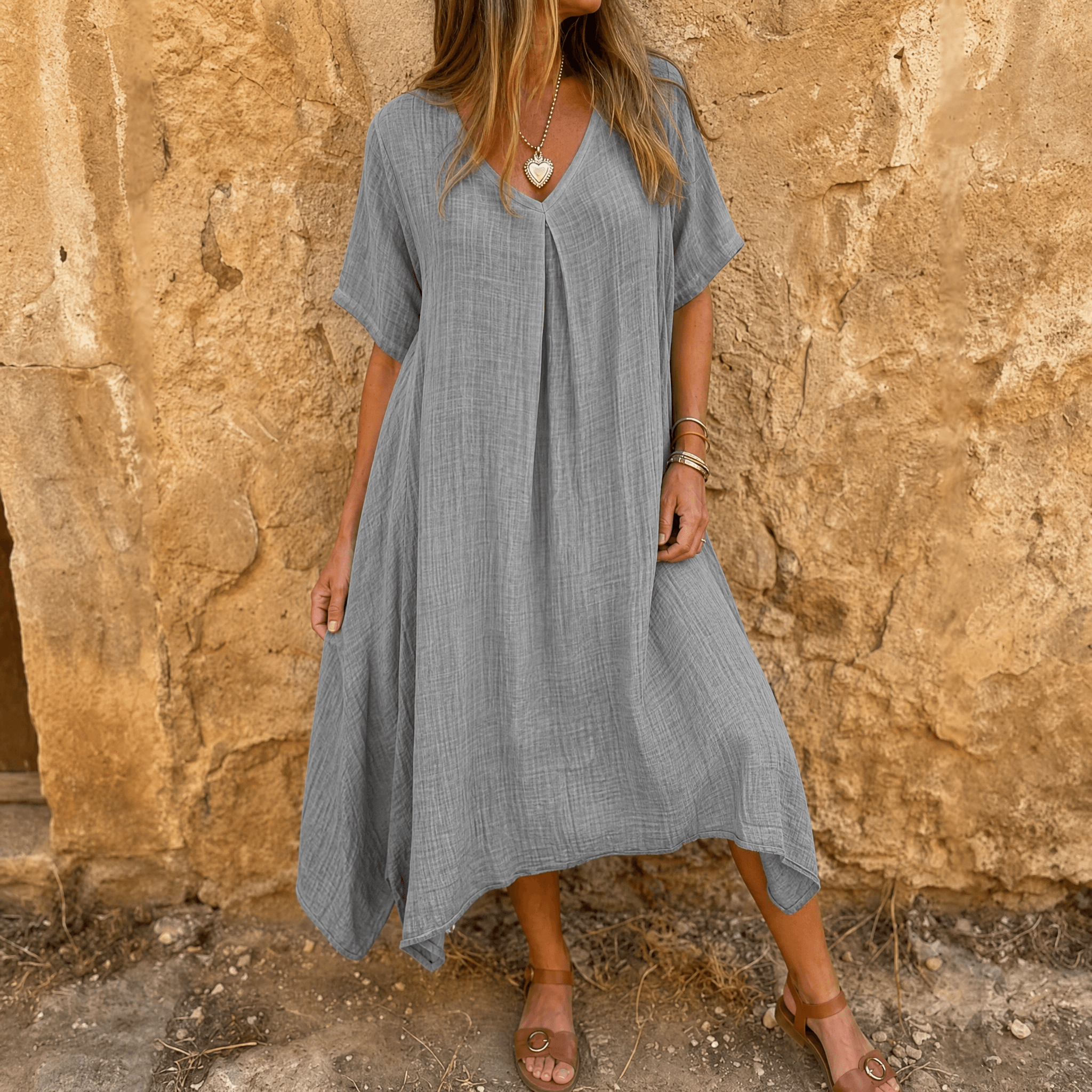 Linara – Women's Breezy Cotton Linen V-Neck Dress
