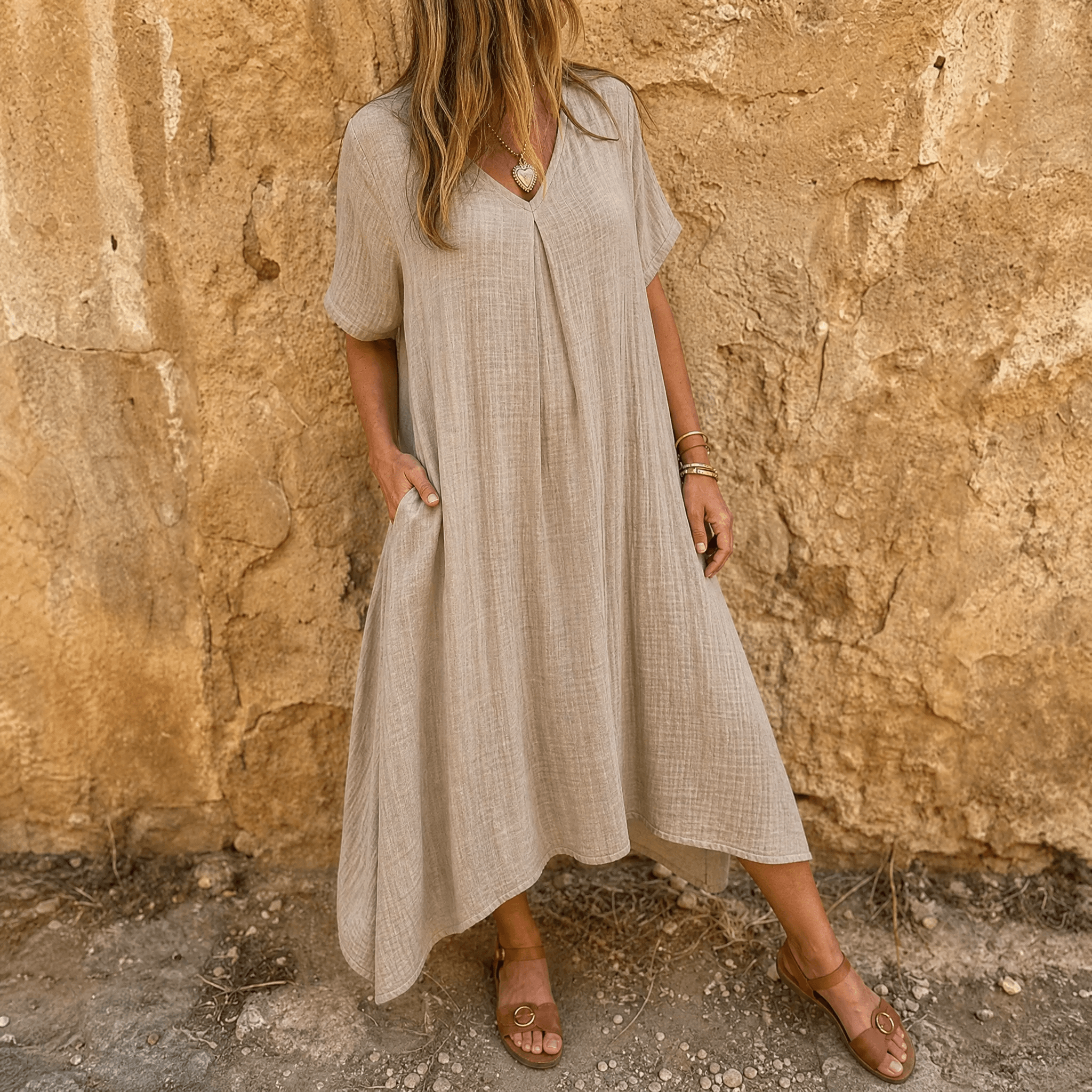 Linara – Women's Breezy Cotton Linen V-Neck Dress